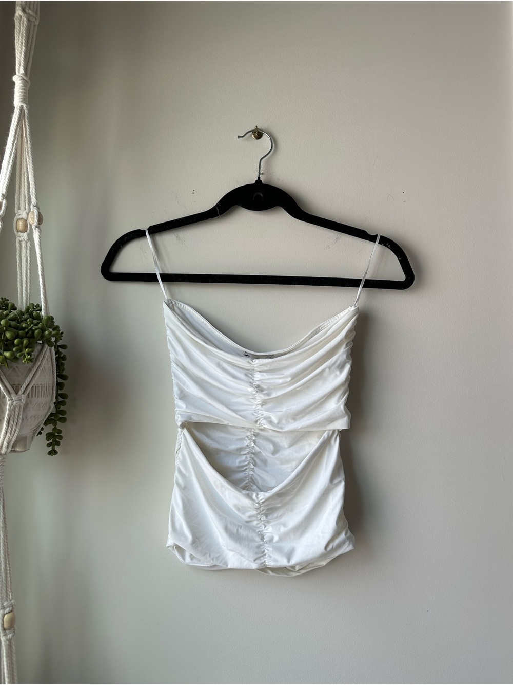 Zara White Ruched Cutout Spaghetti Strap Crop Top